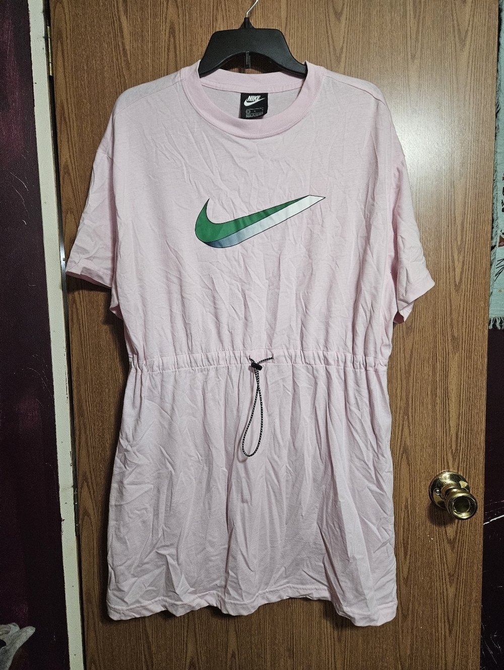 Nike Women Sportswear Icon Clash Pink Foam Cinch Waist Dress Swoosh Size Large!